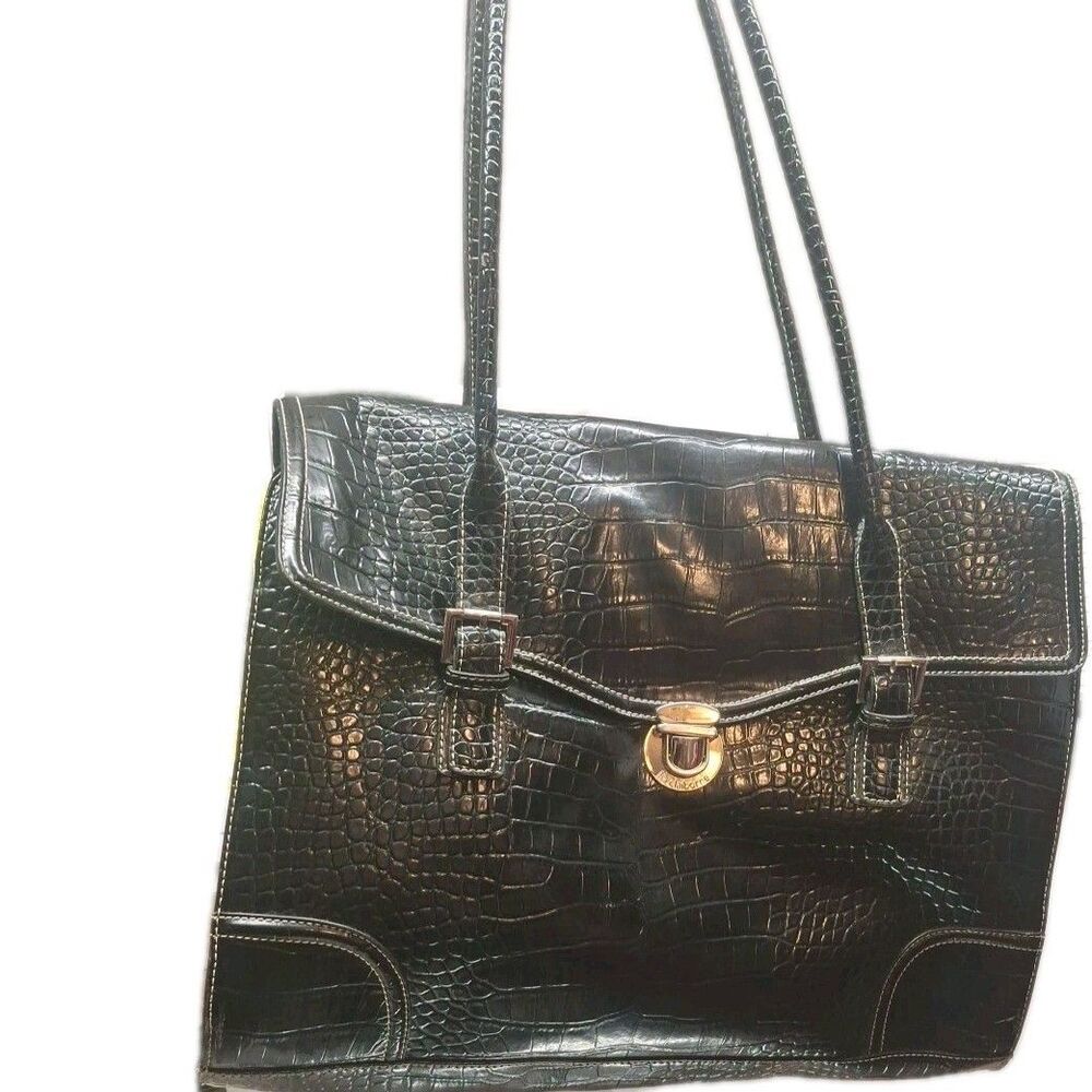 LIZ CLAIBORNE Black Alligator Faux Briefcase Satchel Purse Tote Portfolio Laptop